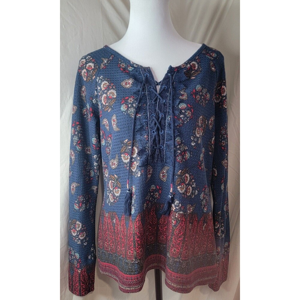 Vintage America Womens Large Boho Paisley Lace Up Peasant Tunic Top Long Sleeve
